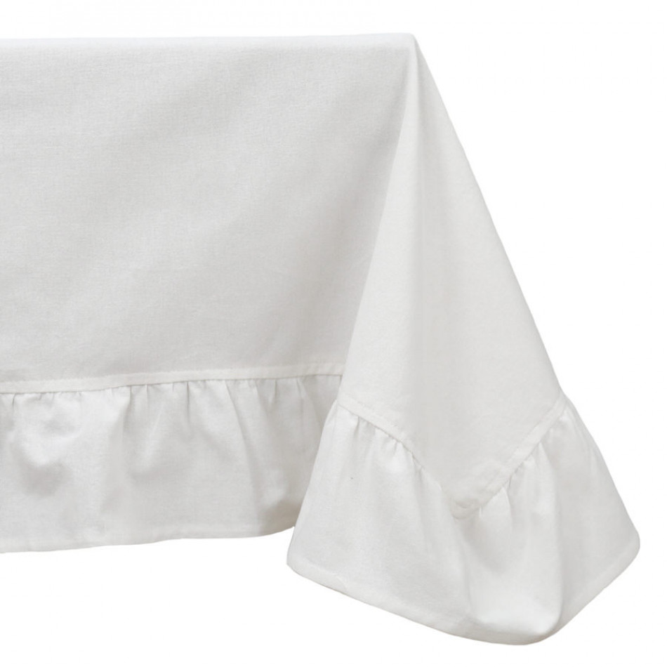 Romance White Ruffle Tablecloth - 8 seater, a textile accent for dining or kitchen use